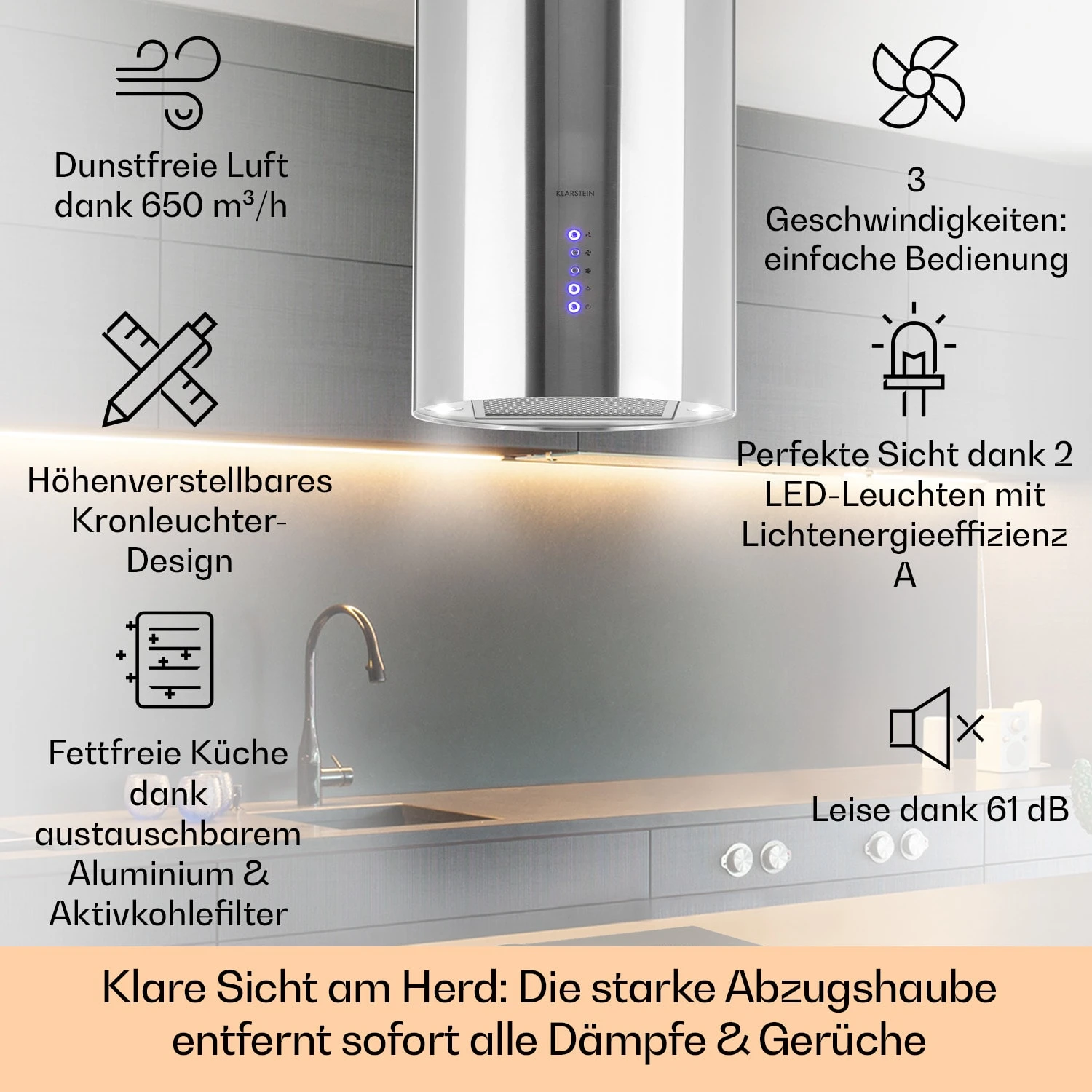 Beretta Inselabzugshaube Ø35cm Ab-/Umluft 650m³/h LED Edelstahl 2 Beretta Inselabzugshaube Ø35cm Ab-/Umluft 650m³/h LED Edelstahl – Bild 2