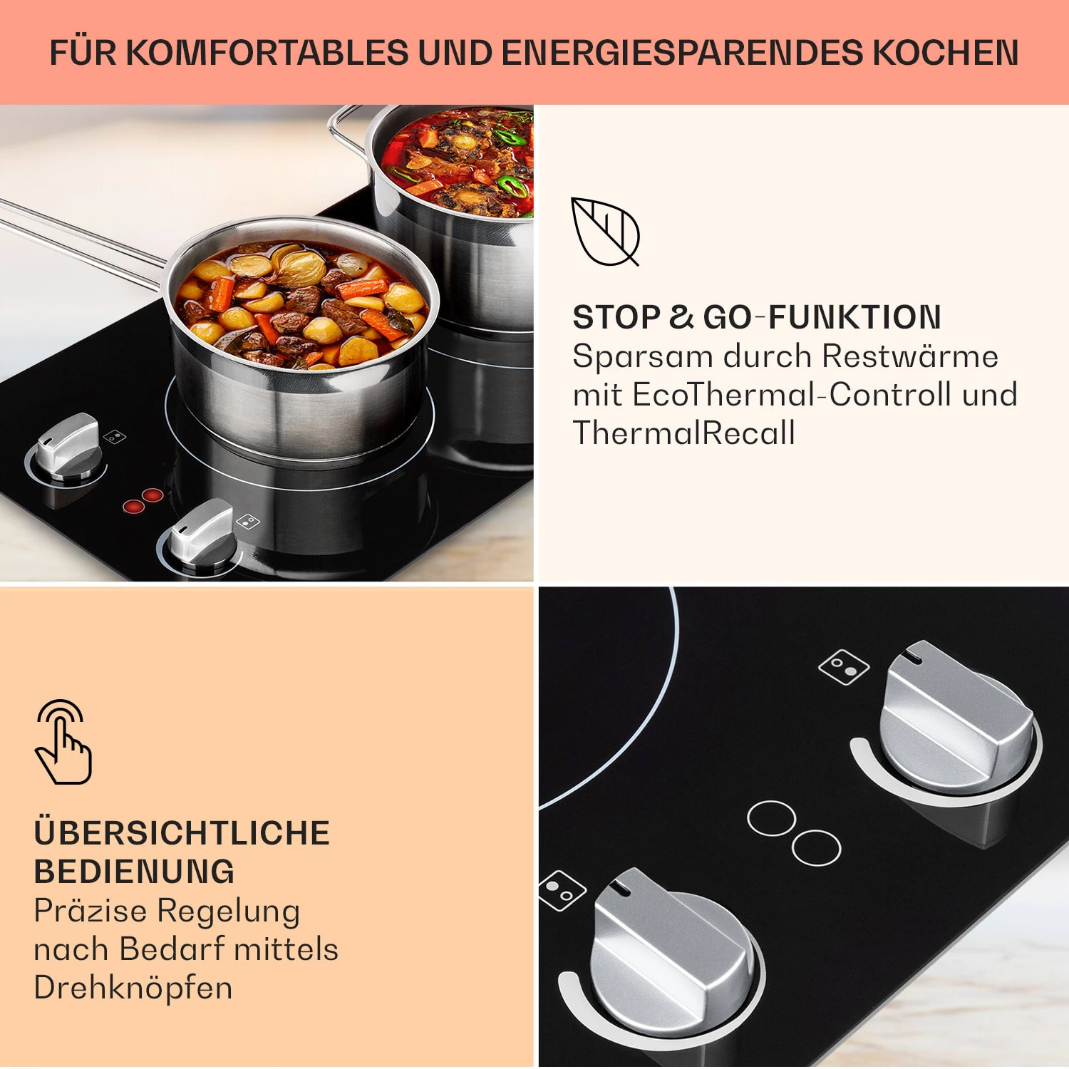 EasyCook Domino Keramikkochfeld 3000W Drehregler Schwarz 4 EasyCook Domino Keramikkochfeld 3000W Drehregler Schwarz – Bild 4