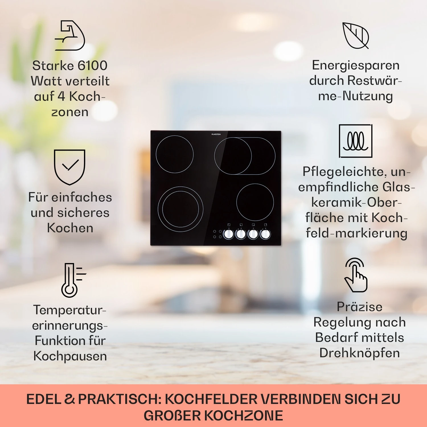 EasyCook Keramikkochfeld 6100W Drehregler Schwarz 2 EasyCook Keramikkochfeld 6100W Drehregler Schwarz – Bild 2