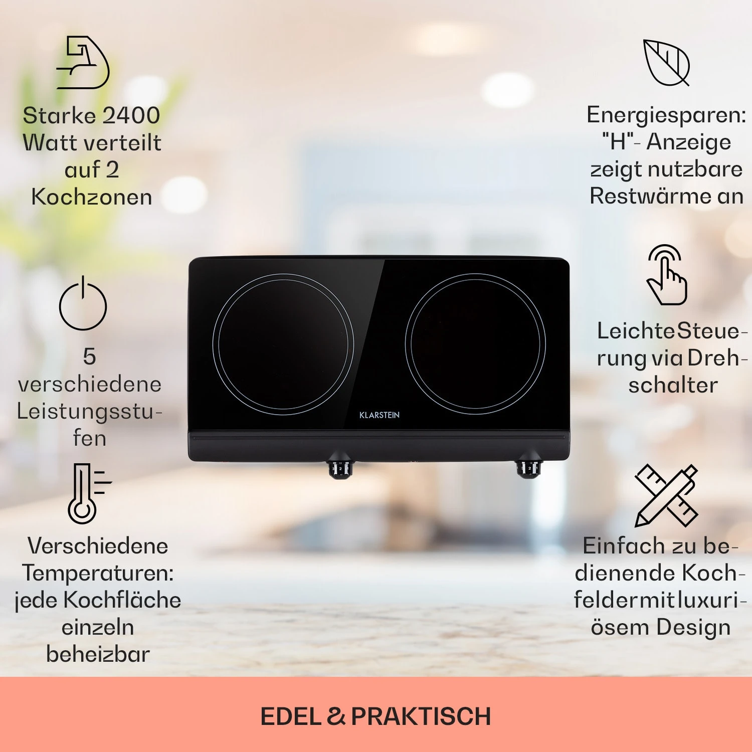 Cookbuddy Doppel-Kochfeld 2400W 5 Leistungsstufen Glaskeramik 2 Cookbuddy Doppel-Kochfeld 2400W 5 Leistungsstufen Glaskeramik – Bild 2