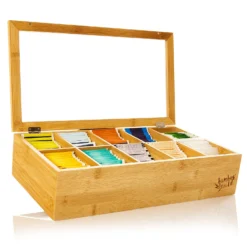 Teebox 10 Fächer 150 Teebeutel Kunststoff-Sichtfenster Bambus