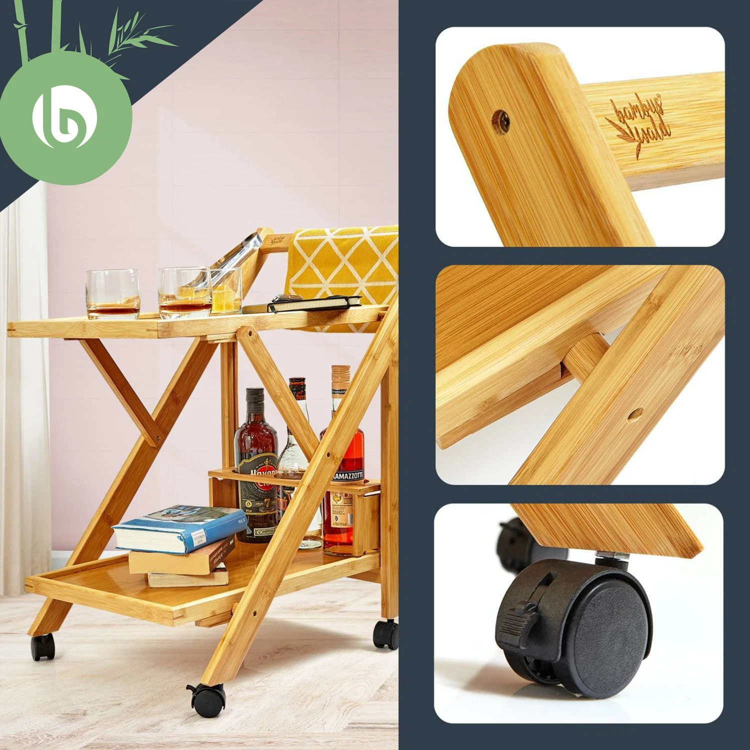 Servierwagen 2 Etagen 4 Rollen 66x70x40,5cm (BxHxT) Bambus 2 Servierwagen 2 Etagen 4 Rollen 66x70x40,5cm (BxHxT) Bambus – Bild 2