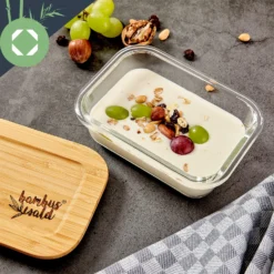 Eckiges Vorratsdosen-Set Glas Bambusdeckel 4 Stück Verschiedene Größen -Küchenzubehör Verkaufsgeschäft 10038307 yy 0006 logo