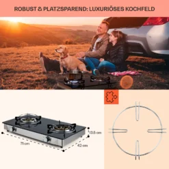 Barzona 2 Campingkocher 2 Brenner 3,4 KW & 4,3 KW Glasplatte Edelstahl -Küchenzubehör Verkaufsgeschäft 10040043 de 0006 usp