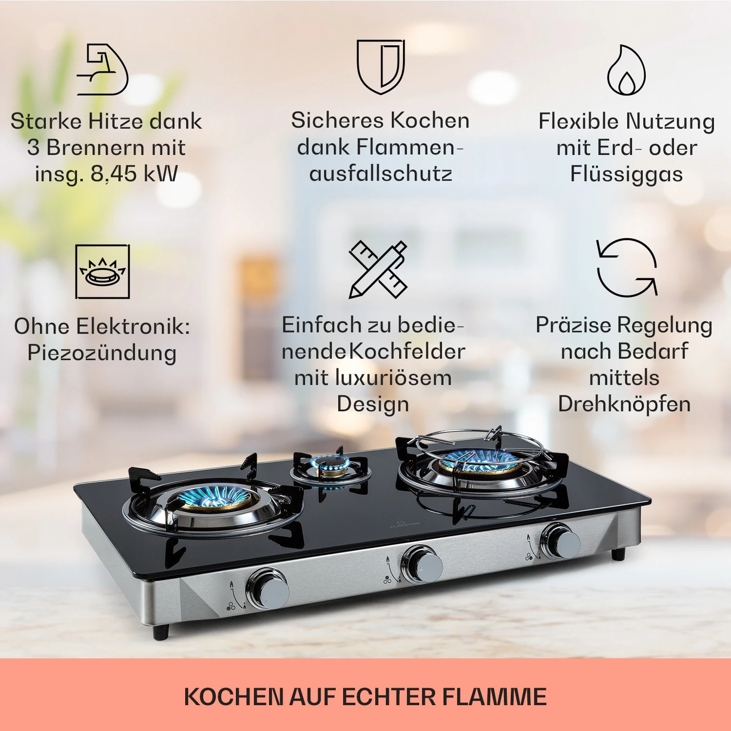 Barzona 3 Campingkocher 3 Brenner 3,4 KW & 0,75 KW & 4,3 KW Glasplatte & Edelstahlgehäuse 2 Barzona 3 Campingkocher 3 Brenner 3,4 KW & 0,75 KW & 4,3 KW Glasplatte & Edelstahlgehäuse – Bild 2