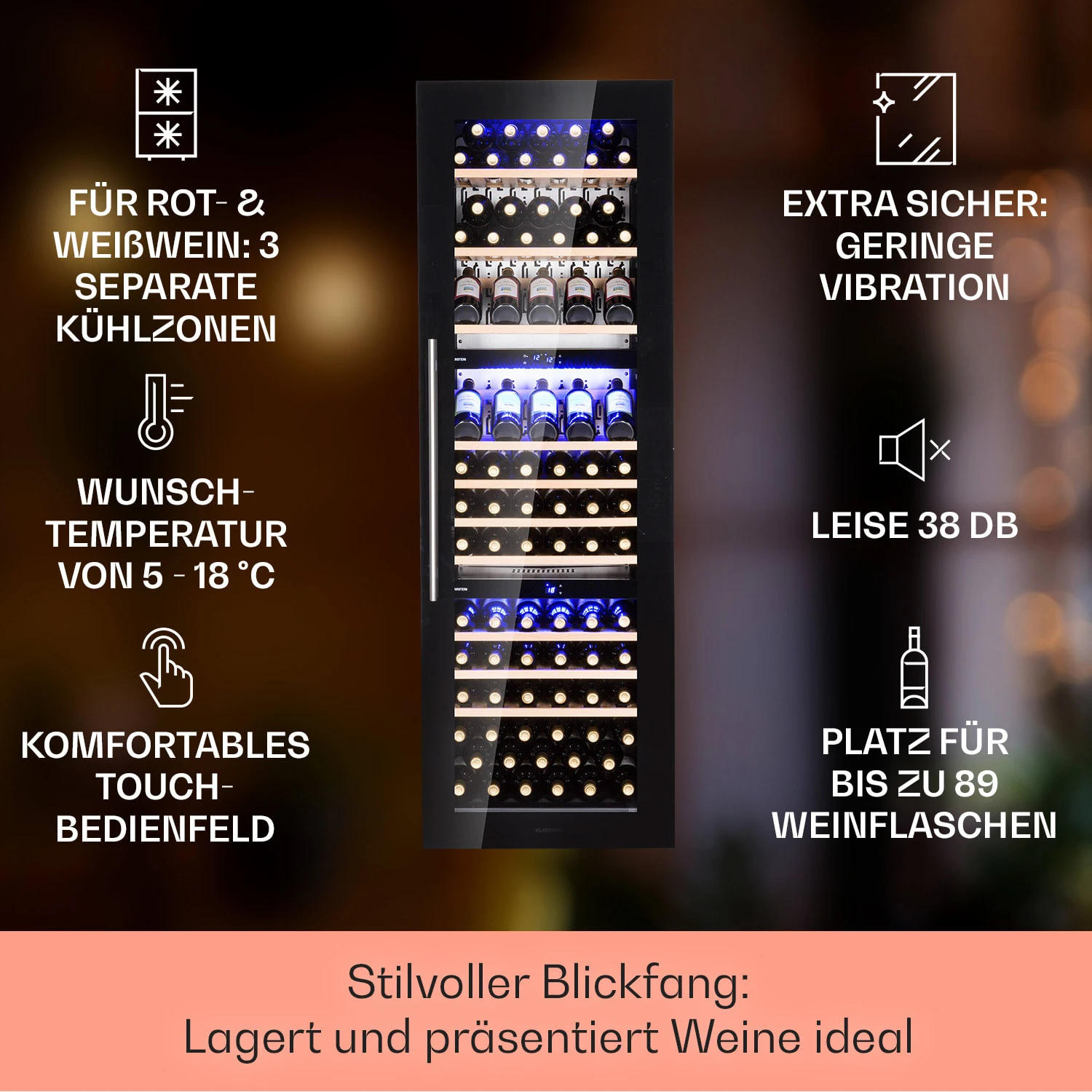 Vinsider 89 Built-In Trio Built-In Weinkühlschrank 5 – 18 °C Touch-Bedienfeld Holzregale 2 Vinsider 89 Built-In Trio Built-In Weinkühlschrank 5 – 18 °C Touch-Bedienfeld Holzregale – Bild 2
