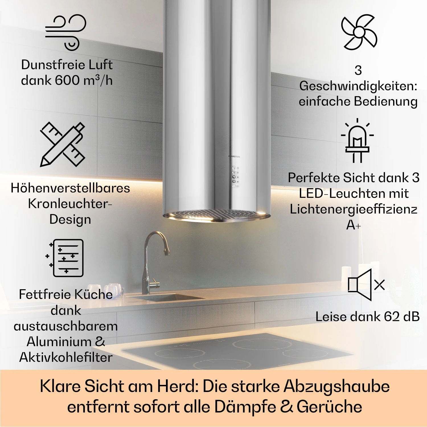 Bolea Inselabzugshaube Ø38cm Ab-/Umluft 600m³/h LED Inkl. Aktivkohlefilter 2 Bolea Inselabzugshaube Ø38cm Ab-/Umluft 600m³/h LED Inkl. Aktivkohlefilter – Bild 2