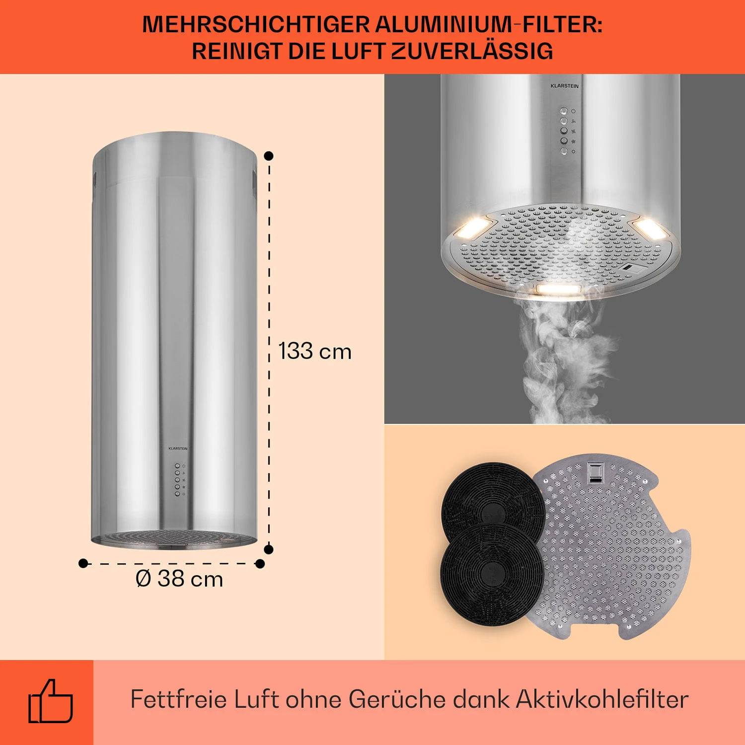 Bolea Inselabzugshaube Ø38cm Ab-/Umluft 600m³/h LED Inkl. Aktivkohlefilter 5 Bolea Inselabzugshaube Ø38cm Ab-/Umluft 600m³/h LED Inkl. Aktivkohlefilter – Bild 5