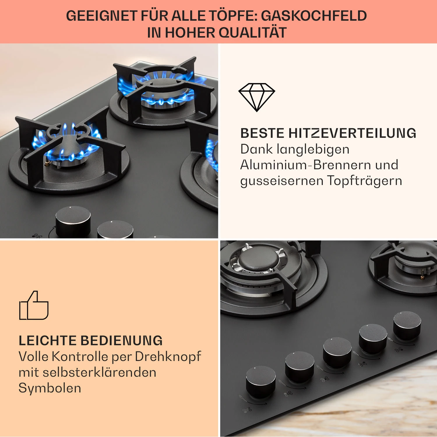 Firetale Gaskochfeld 5-flammig 70 Cm Aluminium-Brenner Inkl. Schlauch Und Druckminderer 4 Firetale Gaskochfeld 5-flammig 70 Cm Aluminium-Brenner Inkl. Schlauch Und Druckminderer – Bild 4