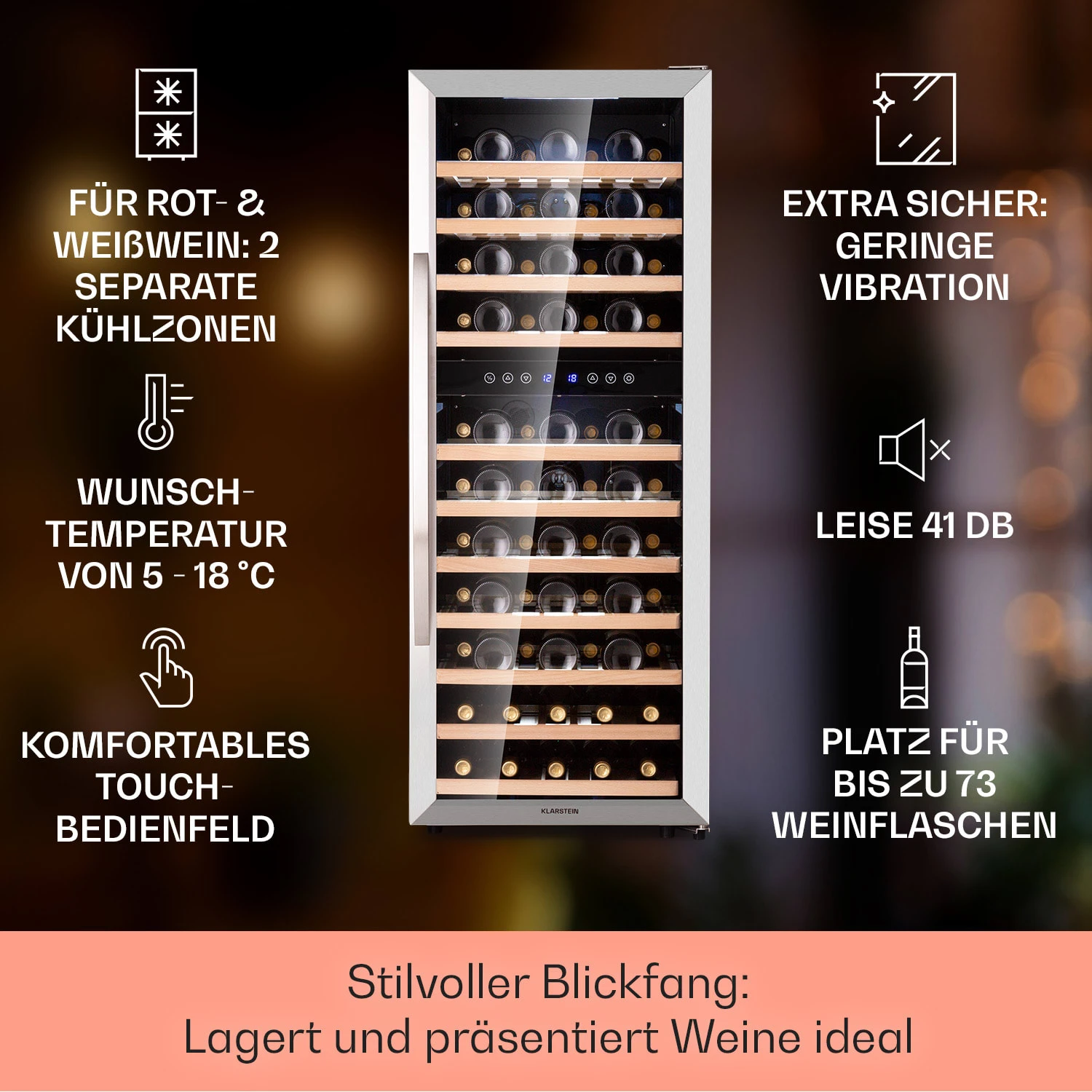 Vinamour 73 Duo Weinkühlschrank 2 Zonen 192 L/73 Flaschen 5-18°C Touch 2 Vinamour 73 Duo Weinkühlschrank 2 Zonen 192 L/73 Flaschen 5-18°C Touch – Bild 2