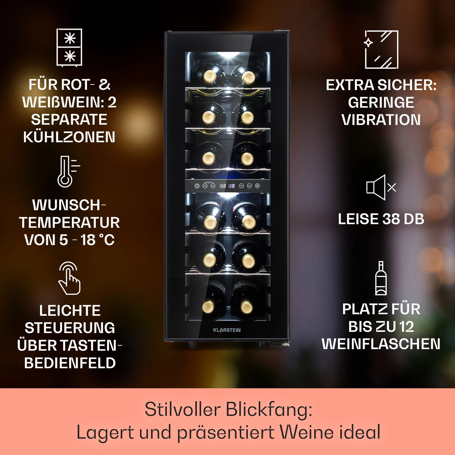Shiraz 12 Duo Weinkühlschrank 2 Zonen 42L/12 Flaschen 5-12 / 12-18 °C Touch 2 Shiraz 12 Duo Weinkühlschrank 2 Zonen 42L/12 Flaschen 5-12 / 12-18 °C Touch – Bild 2