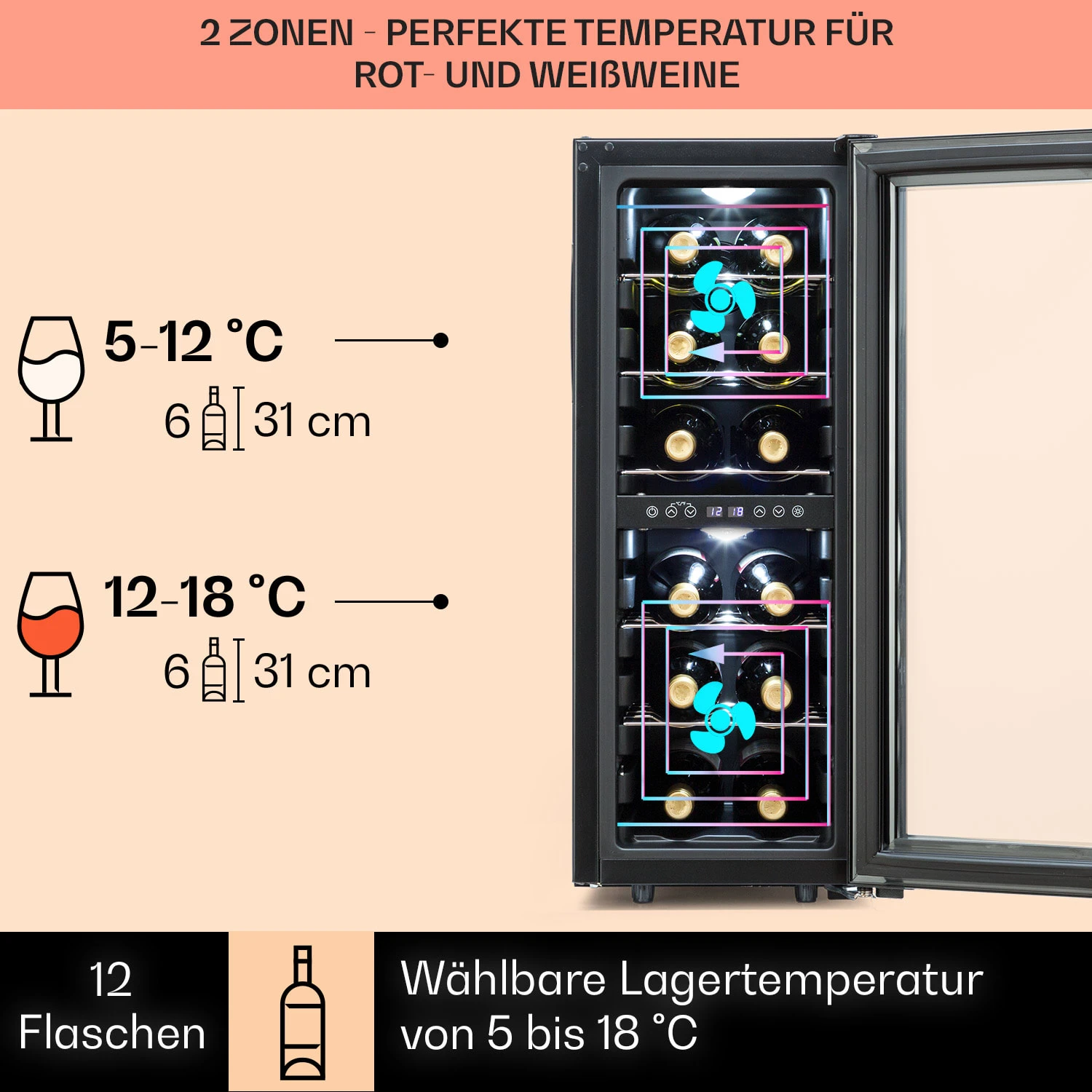 Shiraz 12 Duo Weinkühlschrank 2 Zonen 42L/12 Flaschen 5-12 / 12-18 °C Touch 3 Shiraz 12 Duo Weinkühlschrank 2 Zonen 42L/12 Flaschen 5-12 / 12-18 °C Touch – Bild 3